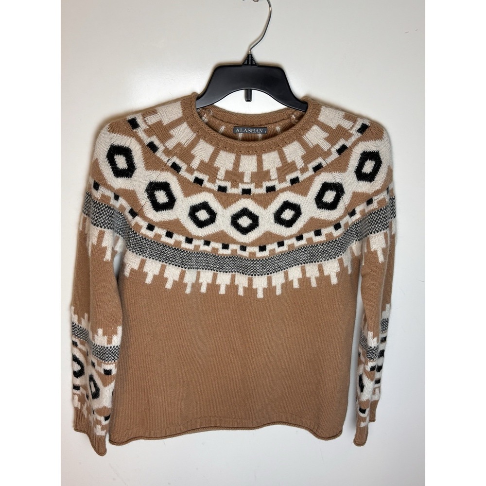 Alashan Cashmere Fair Isle Sweater Tan White Black Size Small